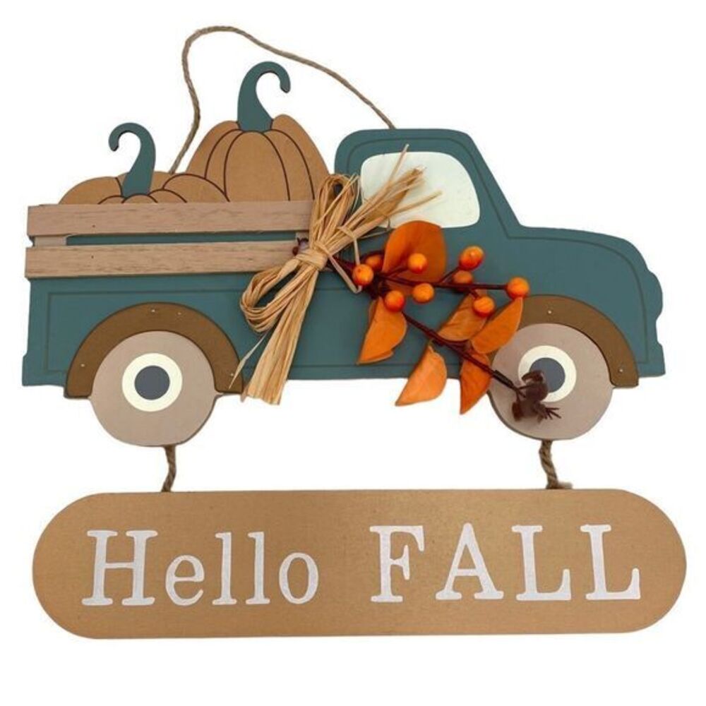 Hello Fall Farmhouse Truck Pumpkin Sign Wall Decor